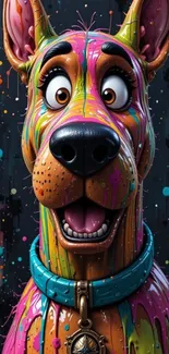 Vibrant multicolor paint-splattered cartoon dog art.