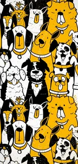 Playful cartoon dog pattern wallpaper in yellow, black, and white.