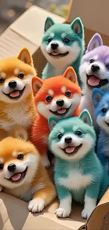 Colorful cartoon puppies in a box wallpaper.