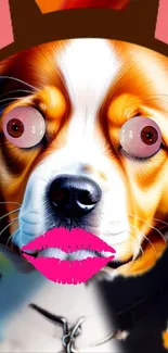 Cartoon dog with big eyes and colorful lips in vibrant artwork.