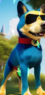 Cartoon dog in sunglasses with vibrant blue fur and playful background.