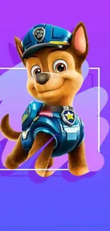 Cartoon dog in blue uniform on a vibrant purple background.