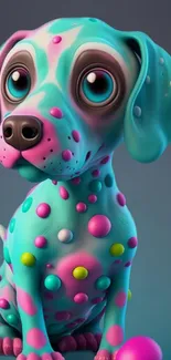 Vibrant cartoon dog with colorful spots and a playful expression.