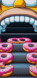 Cartoon stairs adorned with pink donuts in a vibrant animated style.