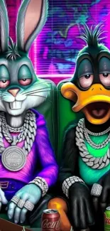Cartoon bunny and duck with neon colors.