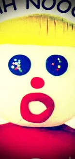 Cartoon face with wide eyes, red mouth.