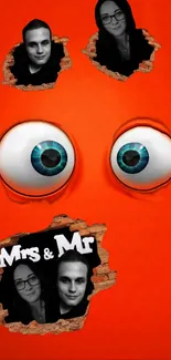 Cartoon eyes and photo cutouts on orange background.