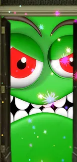 Bright green cartoon face with colorful effects on a door.