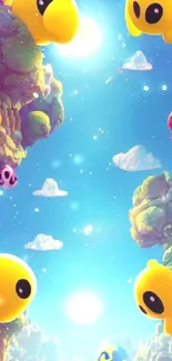 Vibrant cartoon fantasy scene with colorful creatures and a vivid blue sky.