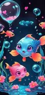 Vibrant cartoon fish in a whimsical underwater scene with bright colors.