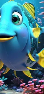 Bright animated blue fish in colorful coral reef.