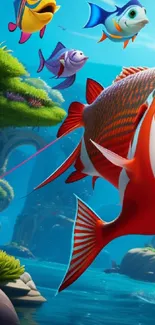 Vibrant cartoon fish swimming in a colorful underwater scene.