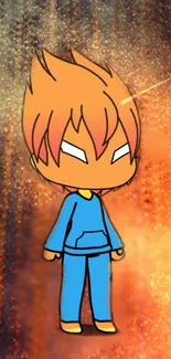 Dynamic cartoon character with fiery orange backdrop.