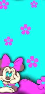 Playful turquoise wallpaper with pink flowers and cartoon character.