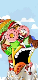 Cartoon food explosion with burgers and donuts against a sky background.