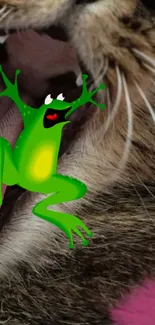 Cartoon frog leaping playfully with a cat on a quirky mobile wallpaper.