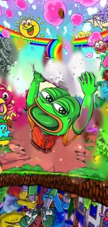 Colorful cartoon wallpaper with a vibrant frog character and lively scenes.