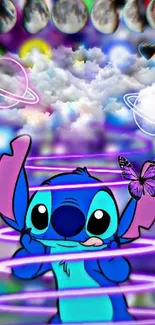 Cartoon character in vibrant galaxy scene with planets and butterfly.