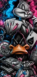 Colorful cartoon gangster theme wallpaper with iconic characters.