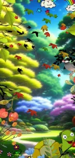 Vibrant cartoon garden wallpaper with rainbow and frog.