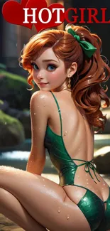 Cartoon girl in green swimsuit, vibrant mobile wallpaper.