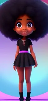 Cartoon girl with afro on a colorful gradient background.