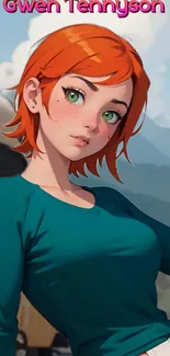 Cartoon girl with teal shirt and red hair in vibrant outdoor setting.