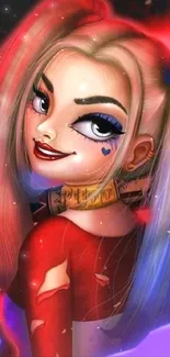 Vibrant cartoon girl with red and blue hues.