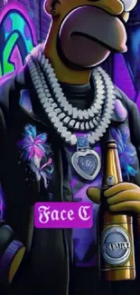 Graffiti-style cartoon holding a bottle, adorned with vibrant colors.