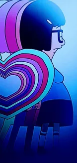 Cartoon girl with a colorful rainbow heart against a blue background.