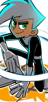 Dynamic cartoon hero in teal energy pose.