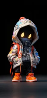 Cartoon character in colorful hoodie with glowing eyes.