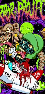 Colorful cartoon horror artwork with vibrant characters and surreal elements.