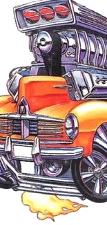 Colorful cartoon hot rod truck with fiery exhaust flames.