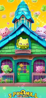 Vibrant cartoon house with cute creatures on a colorful gradient background.