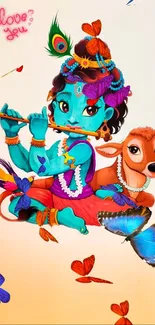 Cartoon Krishna with flute and butterflies, vibrant mobile wallpaper.