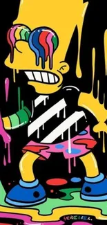 Colorful cartoon figure with melting paint on black background.