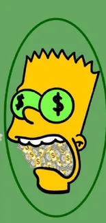 Cartoon character with dollar eyes and cash on green background.