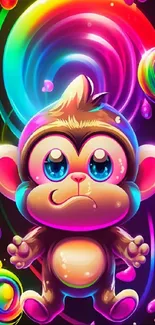 Vibrant cartoon monkey with colorful cosmic background.