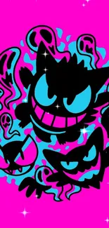 Cartoon monster on vibrant pink background with bold colors.