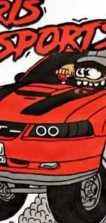 Cartoon muscle car with flames in vibrant red.