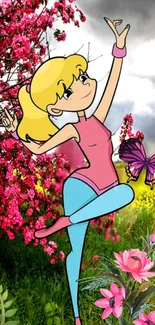 Cartoon dancer with pink flowers and greenery.