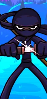 Vibrant cartoon ninja with swords on colorful blue background.