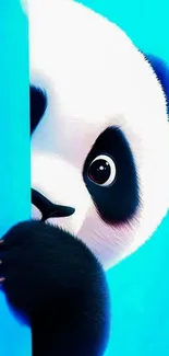 Playful cartoon panda on a cyan background.