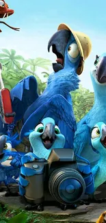 Vibrant cartoon parrots on a jungle adventure.