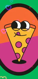 Cartoon pizza slice with vibrant colors and eyes.