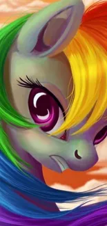 Vibrant cartoon pony with rainbow mane on orange background.