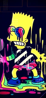 Cartoon character in neon colors with dripping paint effect on a dark background.