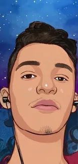 Cartoon portrait with cosmic background, featuring a young man.