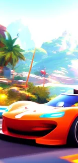 Vibrant cartoon car racing in a colorful landscape.